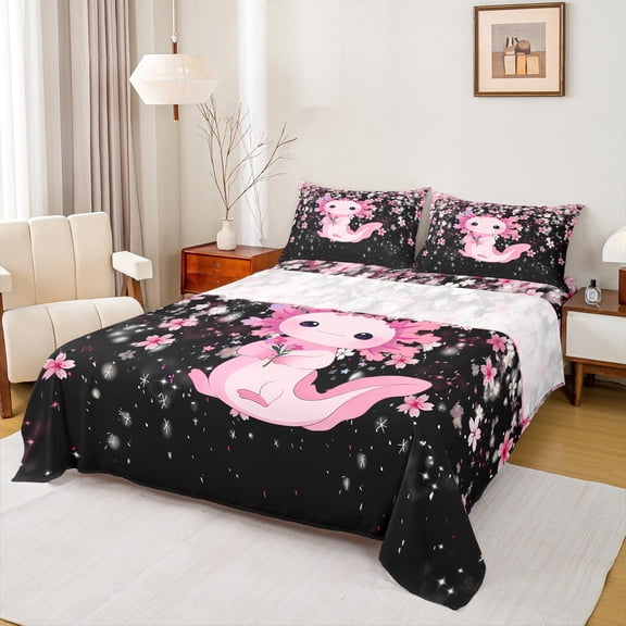 Manfei Pink Axolotl Twin Sheet Sets 3pcs for Kids Girls, Japanese Cherry Blossoms Twin Fitted Sheet, Black Pink Flat Sheet, Lightweight Room Decor