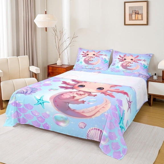 Manfei Pink Axolotl Twin Sheet Sets, Purple Fish Scale Sheet Set Twin, Seashell Starfish Bed Sheets Set Twin Size, Breathable Bedroom Decor, 3pcs