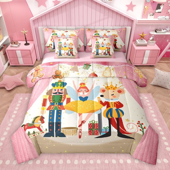 Homewish Pink Ballet Princess Bedding Comforter Set 7pcs for Kids, Royal Nutcracker Guard King Bedding Sets, Dreamy Fairy Tale Reversible Bed Sheets, Nutcracker Super Cozy Room Decor