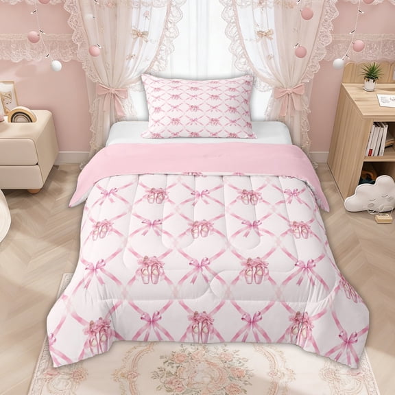 Manfei Pink Ballet Shoes Bow Print Twin Comforter Sets for Baby Girls, Romantic Ribbon Bows Bedding Set, Pink Reversible, 2 Pieces