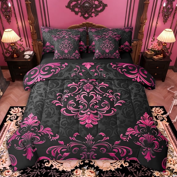 Manfei Pink Baroque Damask 7 Pieces Bed in a Bag King Size, Hippie Flower Floral Bed Set, Vintage Victorian Bed Sheets Setp with Comforter, Breathable Bedroom Decorative