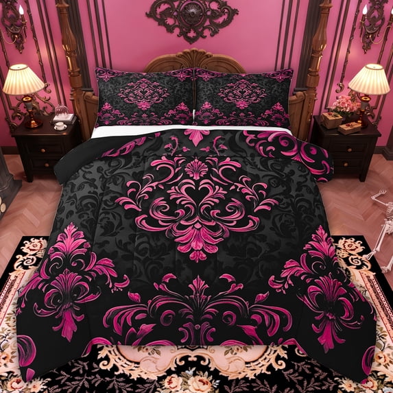 Manfei Pink Baroque Damask Bedding Full Comforter Set, Hippie Flower Floral Down Comforter, Vintage Victorian Bedding Sets Full with Comforter, Breathable Bedroom Decorative, 3 Pieces Reversible