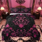 Manfei Pink Baroque Damask Bedding Queen Comforter Set, Hippie Flower Floral Down Comforter, Vintage Victorian Bedding S