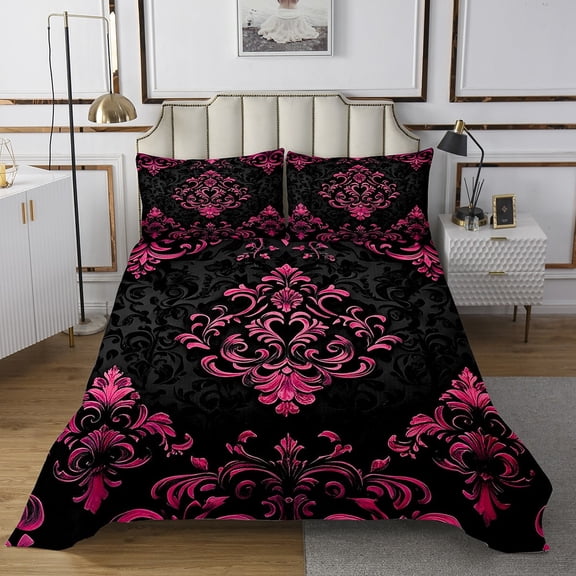 Manfei Pink Baroque Damask Bedspread Sets Queen Size, Hippie Flower Floral Bed Quilt, Vintage Victorian Bed Cover, Breathable Bedroom Decorative, 3-Piece