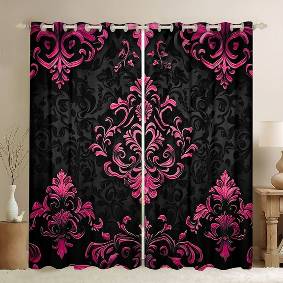 Manfei Pink Baroque Damask Curtains Pack of 2 (42x84), Hippie Flower Floral Black Out Curtains, Vintage Victorian Window Curtains, Stylish Bedroom Decorative
