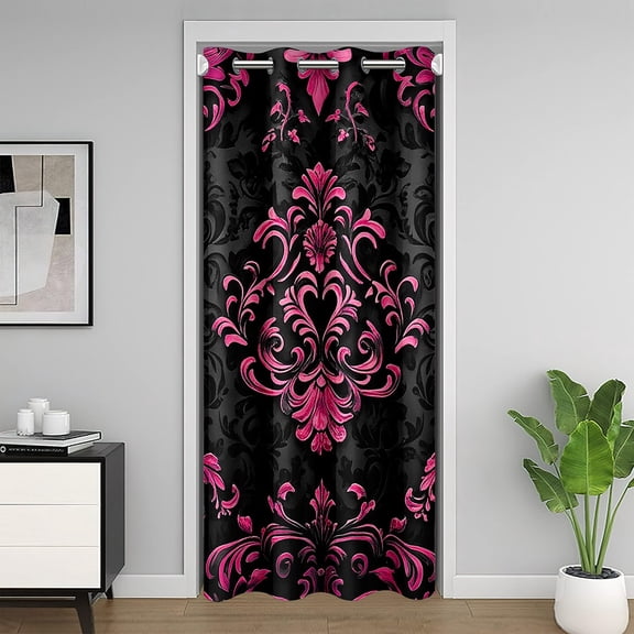 Manfei Pink Baroque Damask Door Curtain For Door Window 42x80, Hippie Flower Floral Door Drape, Vintage Victorian Door Curtain Decoration, Breathable Bedroom Decorative