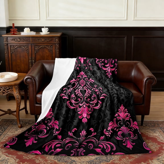 Manfei Pink Baroque Damask Flannel Blanket 50x60, Hippie Flower Floral Sherpa Throw, Vintage Victorian Plush Throw Blanket, Breathable Bedroom Decorative
