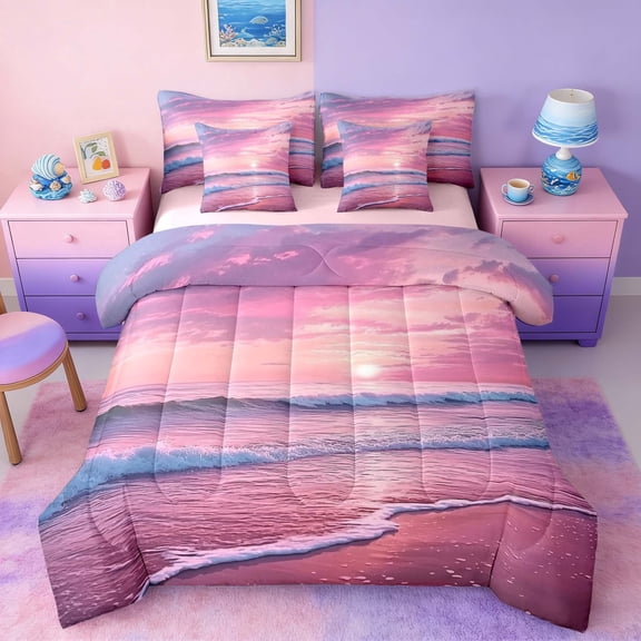 Manfei Pink Beach Wave Sunset Twin Bedding Sets for Girls, Coastal Ocean Print Bedding Comforter Set, Pink Reversible 7 Pieces