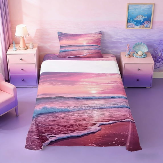 Manfei Pink Beach Wave Sunset Twin Sheet Sets for Girls, Coastal Ocean Print Bedding 3 Pieces, 1 Flat Sheet, 1 Fitted Sheet and 1 Pillowcase