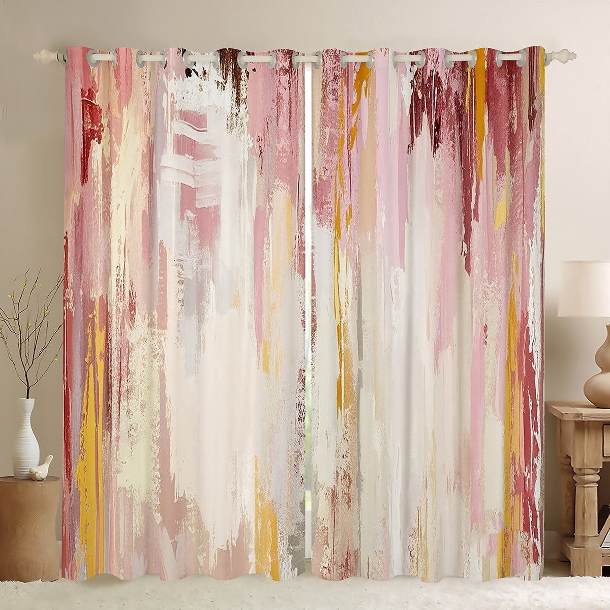 Manfei Pink Beige Ombre Black Out Curtains for Girls, Watercolor Oil Painting Curtains Pack of 2 (42x63 Each), Abstract Gradient Art Bedroom Curtains, Ultra Soft Bedroom Decor