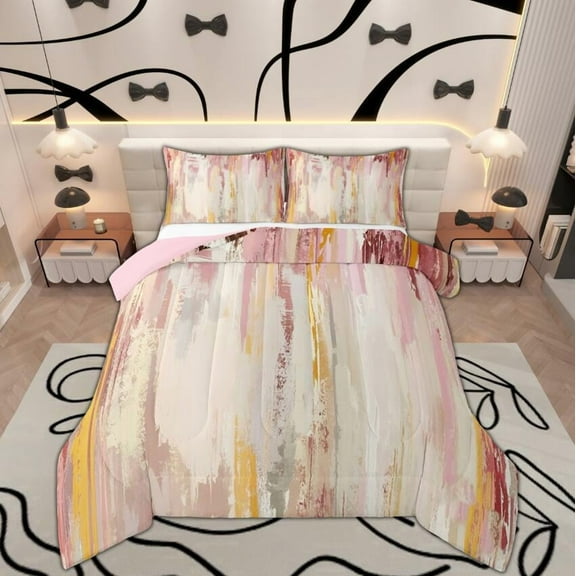 Manfei Pink Beige Ombre Queen Comforter Set for Girls, Watercolor Oil Painting Bedding Sets, Abstract Gradient Art Bedding Comforter Set, Ultra Soft Bedroom Decor, Reversible 3pcs