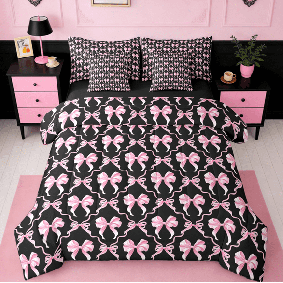 Manfei Pink Black Bow Bedding Comforter Set 7 Pieces,Lovely Bow Tie Full Bedding Set,Girl Bowtie Fitted Sheet Flat Sheet For Children,Breathable Home Decor Reversible