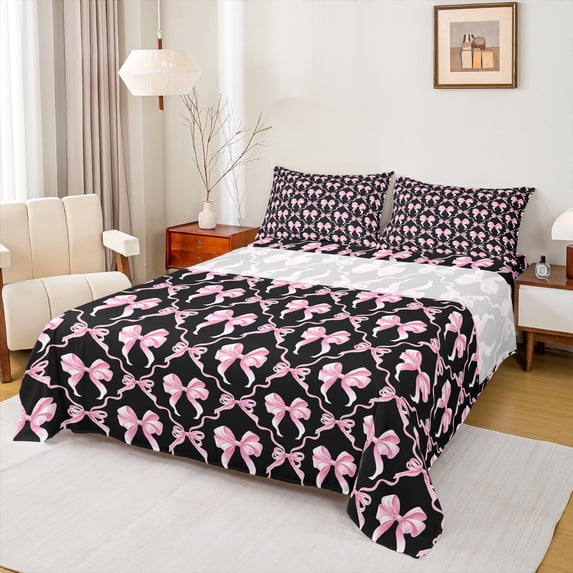 Manfei Pink Black Bow Twin Sheet Sets,Lovely Bow Tie Twin Fitted Sheet,Girl Bowtie Flat Sheet For Children,Breathable Home Decor,3-Piece