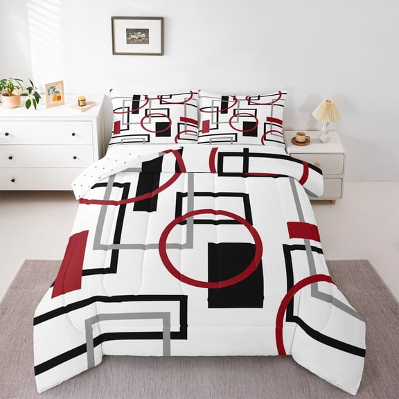 Manfei Pink Black Geometric Bedding Comforter Set, Square Rectangle Circle Twin Comforter Sets, Abstract Stripe Reversible Bedding Set, Lightweight Room Decor, 2-Piece