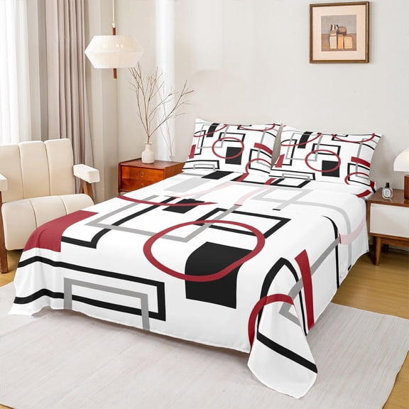 Manfei Pink Black Geometric Twin Sheet Sets, Square Rectangle Circle Twin Fitted Sheet, Abstract Stripe Flat Sheet, Lightweight Room Decor, 3-Piece
