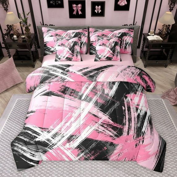 Manfei Pink Black Graffiti 7-Piece Twin Bedding Sets,Modern Abstract Geometric Bedding Comforter Set,Vitage Stripe Pattern Sheet Sets For Kids,Super Cozy Room Decor Reversible