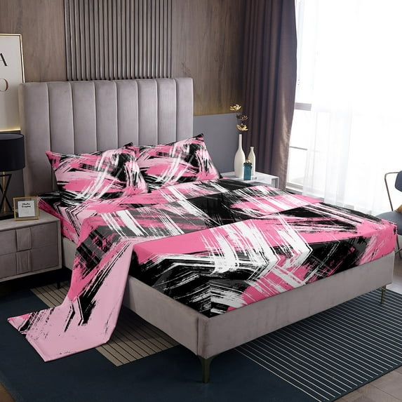 Manfei Pink Black Graffiti Queen Sheet Sets,Modern Abstract Geometric Flat Sheet,Vitage Stripe Pattern Queen Fitted Sheet For Kids,Super Cozy Room Decor,4 Pieces