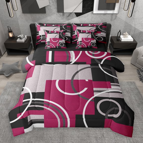 Manfei Pink Black Gray 7 Pieces Bedding Comforter Set,Modern Minimalist Geometric Full Bedding Set,Stripes Lines Circle Circular Fitted Sheet Flat Sheet For Teens,Ultra Soft Home Decor Reversible