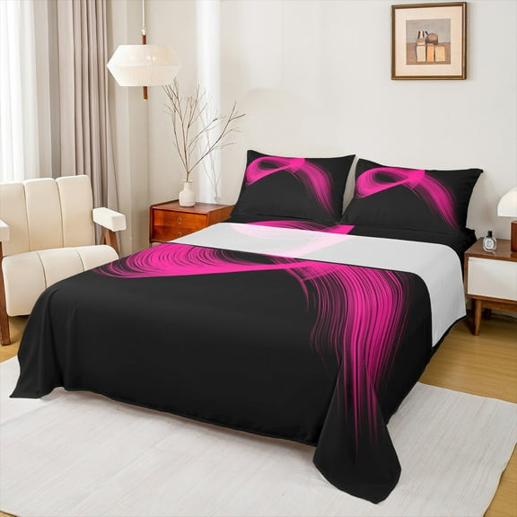 Manfei Pink Black Twin Sheet Sets 3pcs, Modern Abstract Art Twin Fitted Sheet, Geometric Line Stripe Flat Sheet, Super Cozy Room Decor