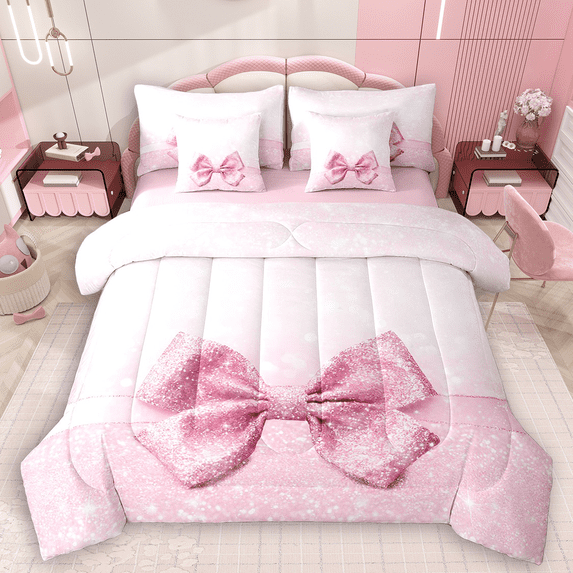 Manfei Pink Bling Bow Knot Bedding Comforter Set 7 Pieces for Girls, Princess Glitter Ribbon Queen Bedding Sets, Sparkle Stars Queen Sheet Sets, Lightweight Room Decor