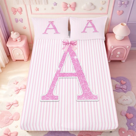 Manfei Pink Bling Letter A Print Fitted Sheet Full,Minimalist Geometric Lines Bed Set,3 Pieces,1 Fitted Sheet and 2 Pillowcases