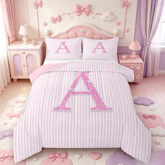 Manfei Pink Bling Letter A Print Full Size Comforter Sets,Minimalist Geometric Lines Bedding Comforter Set,Pink Reversible,3 Pieces,1 Comforter and 2 Pillowcases