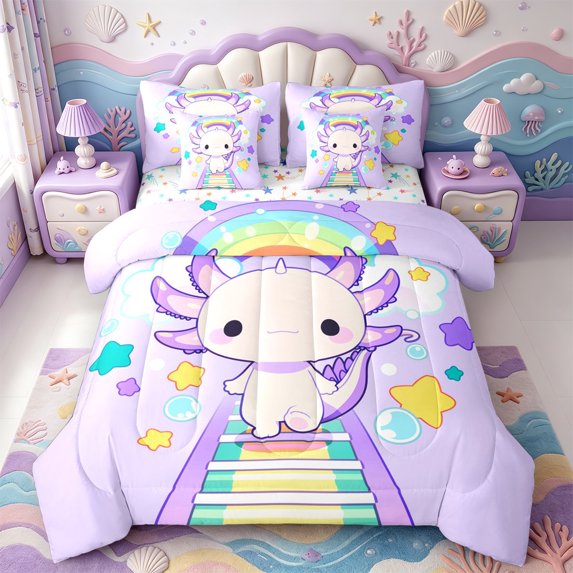 Manfei Pink-Blue Axolotl 7-Piece Twin Bedding,Animals Pattern Bedding Comforter Set,Colorful Stars Reversible