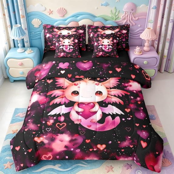 Manfei Pink-Blue Axolotl 7 Pieces Full Size Bedding Sets,Cartoon Animals Print Full Size Bed in a Bag,Black Reversible