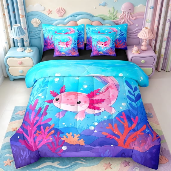 Manfei Pink-Blue Axolotl 7 Pieces Full Size Bedding Sets,Cute Salamander Pattern Full Size Bed in a Bag,Black Reversible