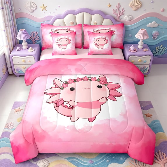 Manfei Pink-Blue Axolotl 7pcs Queen Bedding,Watercolor Salamander Print Bedding Comforter Set Queen,Pink Reversible
