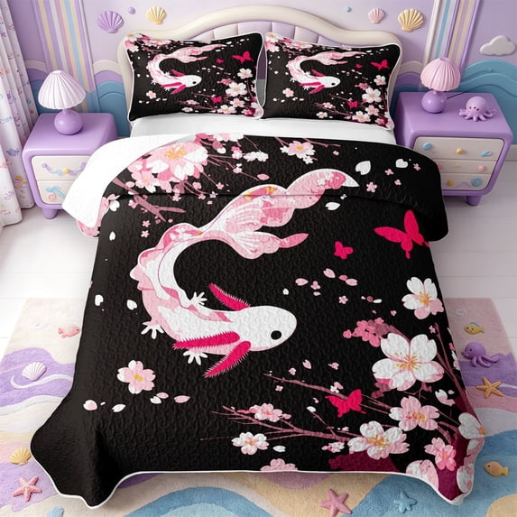 Manfei Pink-Blue Axolotl Bed Spread Queen,Kawaii Animals Pattern Queen Coverlet Set,3-Piece,1 Quilt and 2 Pillowcases