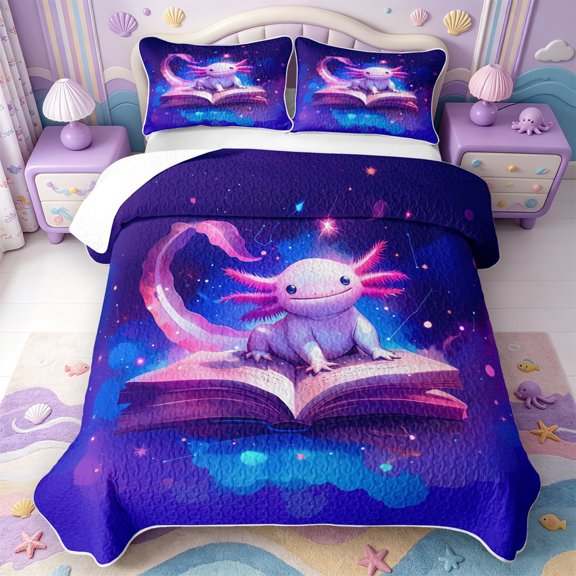 Manfei Pink-Blue Axolotl Bed Spread Queen,Ocean Amphibian Print Queen Coverlet Set,3-Piece,1 Quilt and 2 Pillowcases