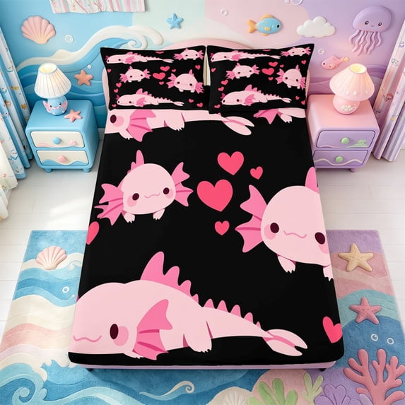 Manfei Pink-Blue Axolotl Fitted Sheet Full,Pastel Ocean Animal Bed Set,3 Pieces,1 Fitted Sheet and 2 Pillowcases
