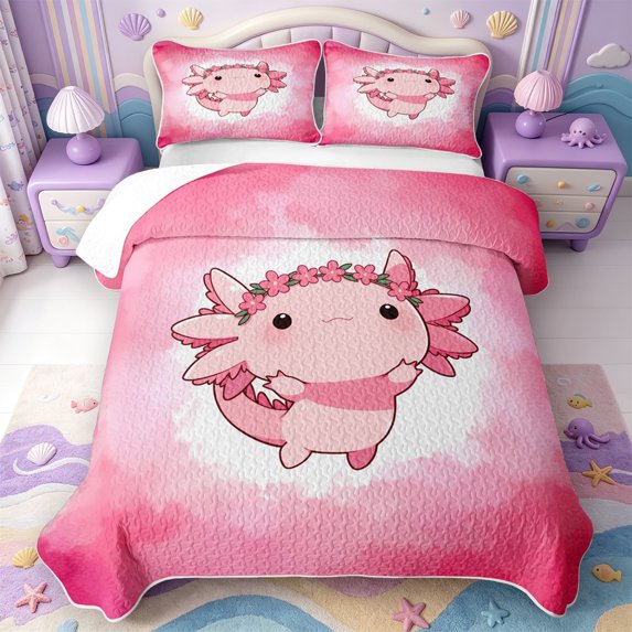 Manfei Pink-Blue Axolotl Quilt King,Watercolor Salamander Print King Coverlet Set,3pcs,1 Bedspread and 2 Pillowcases