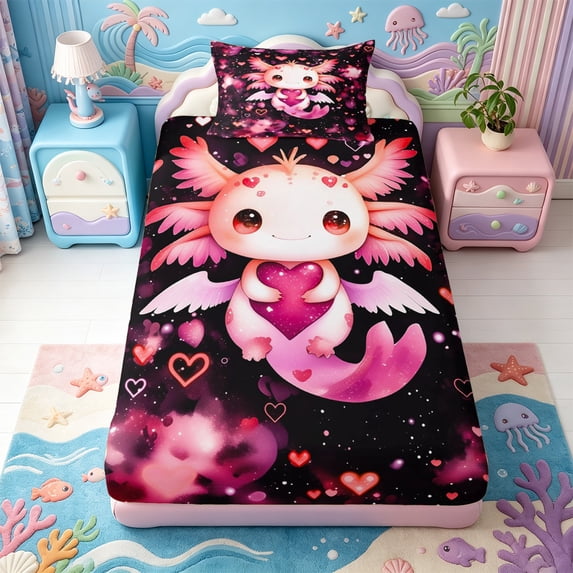 Manfei Pink-Blue Axolotl Twin Fitted Sheet,Cartoon Animals Print Bedding,2pcs,1 Fitted Sheet and 1 Pillowcase
