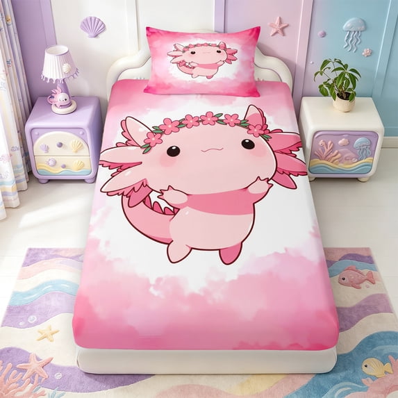 Manfei Pink-Blue Axolotl Twin Fitted Sheet,Watercolor Salamander Print Bedding,2pcs,1 Fitted Sheet and 1 Pillowcase