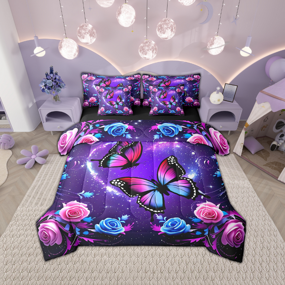 Manfei Pink Blue Butterfly 7 Pieces Bed in a Bag Twin Size, Gradient Rose Blossoms Bed Set, Purple Galaxy Bed Sheets Setp with Comforter, Breathable Room Decoration