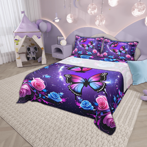 Manfei Pink Blue Butterfly Bed Sheets Queen, Gradient Rose Blossoms Bedding Queen Size, Purple Galaxy Bedroom Set, Breathable Room Decoration, Top Sheet + Fitted Sheet + Pillowcase
