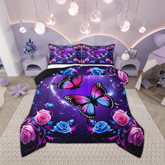 Manfei Pink Blue Butterfly Bedding Sets Twin with Comforter, Gradient Rose Blossoms Duvet Insert, Purple Galaxy Comforter Sets Twin Size, Breathable Room Decoration, 2pcs Reversible