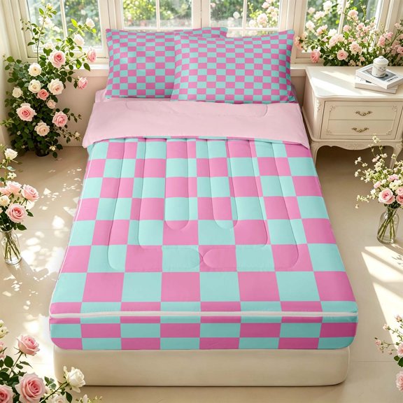 Manfei Pink Blue Geometric Grid Zipper Full Size Comforter Sets with Fitted Sheet and 2 Pillowcases,Classic Checkered Zipper Bedding Set,Pink Reversible,4pcs