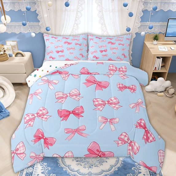 Manfei Pink Blue Gingham Bow Full Size Comforter Sets for Girls, Cute Ribbon Bows Bedding Sets, Polkadot Reversible, 3-Piece
