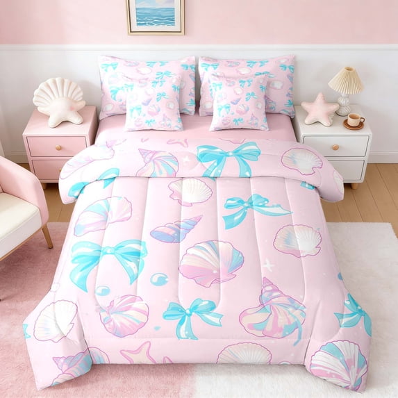 Manfei Pink Blue Seashell Bow Bedding Comforter Set for Girls Kids, Dreamy Ocean Full Bedding Set, Pink Reversible 7 Pieces