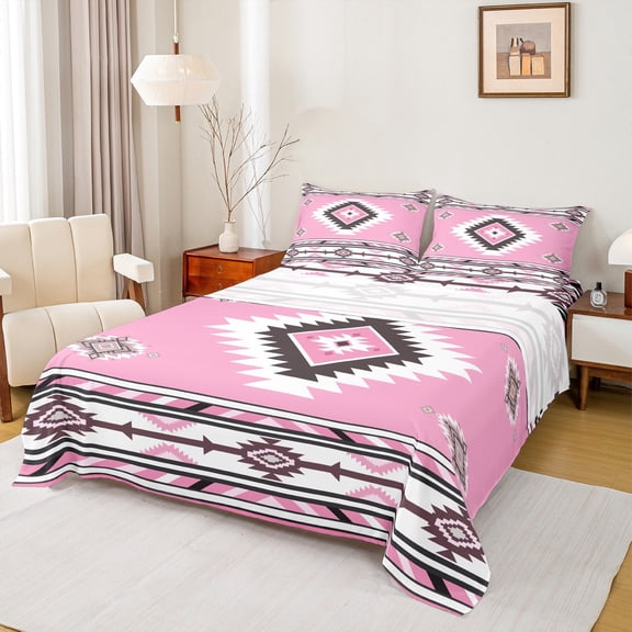 Manfei Pink Bohemian Aztec Bed Sheets, Vintage Abstract Triangle King Sheets, Teen Kid Adult Sheet Set, Lightweight Room Decor, 4pcs