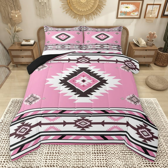 Manfei Pink Bohemian Aztec Queen Comforter Set, Vintage Abstract Triangle Bedding Sets, Teen Kid Adult Reversible Bedding Comforter Set, Lightweight Room Decor, 3pcs