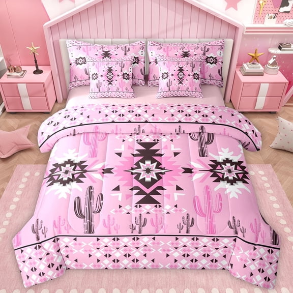 Manfei Pink Boho Aztec Bedding Comforter Set 7 Pieces for Women, Tribal Abstract Ombre Full Bedding Set, Hippie Cactus Plant Reversible Fitted Sheet Flat Sheet, Breathable Home Decor