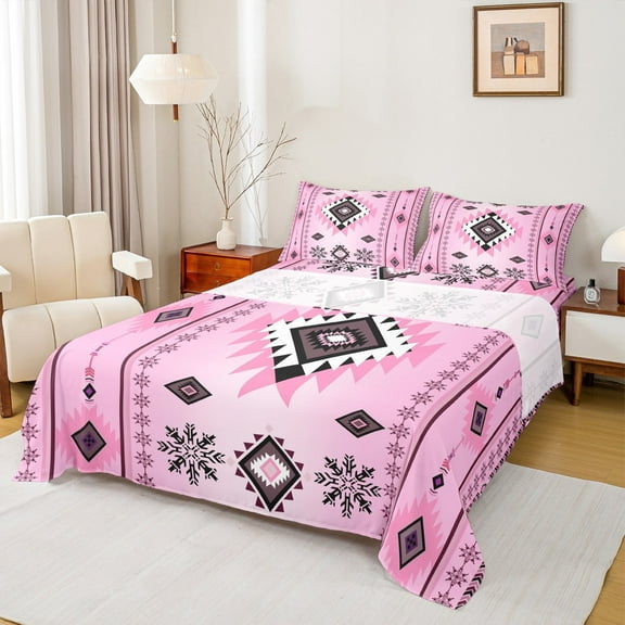 Manfei Pink Boho bohemian Twin Sheet Sets,Aztec Floral Twin Fitted Sheet,bohemian Geometric Flat Sheet,Breathable Room Decorative,3pcs