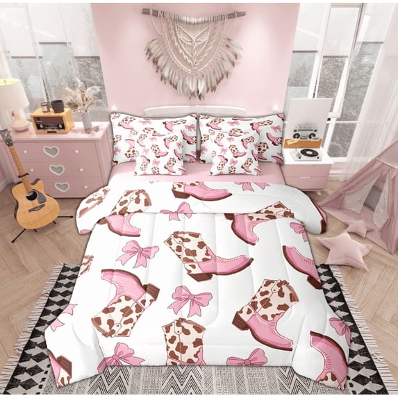 Manfei Pink Boot Bed in a Bag King size, Western Cactus Bed Set, Cowboy Cowgirl Reversible Bedding King Size, Lightweight Bedroom Decoration, 7pcs
