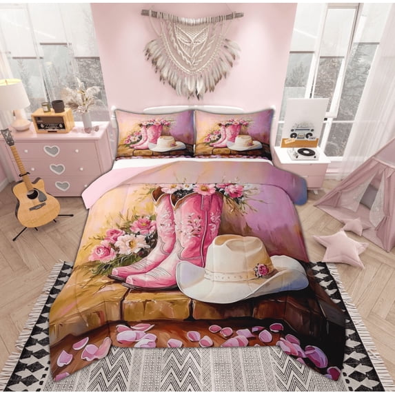Manfei Pink Boot Bedding Queen Comforter Set, Princess Cowgirl Down Comforter, Southwestern Reversible Duvet Insert, Microfiber Bedroom Decoration, 3 Pieces