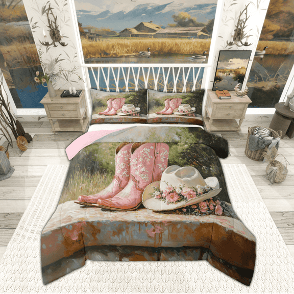 Manfei Pink Boot Hat Bedding Twin Comforter Set, Western Cactus Down Comforter, Cowboy Cowgirl Reversible Duvet Insert, Super Cozy Room Decorative, 2 Pieces