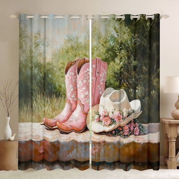 Manfei Pink Boot Hat Curtains for Living Room, Western Cactus Blackout Curtains for Bedroom, Cowboy Cowgirl Curtains Pack of 2 (38x45), Super Cozy Room Decorative